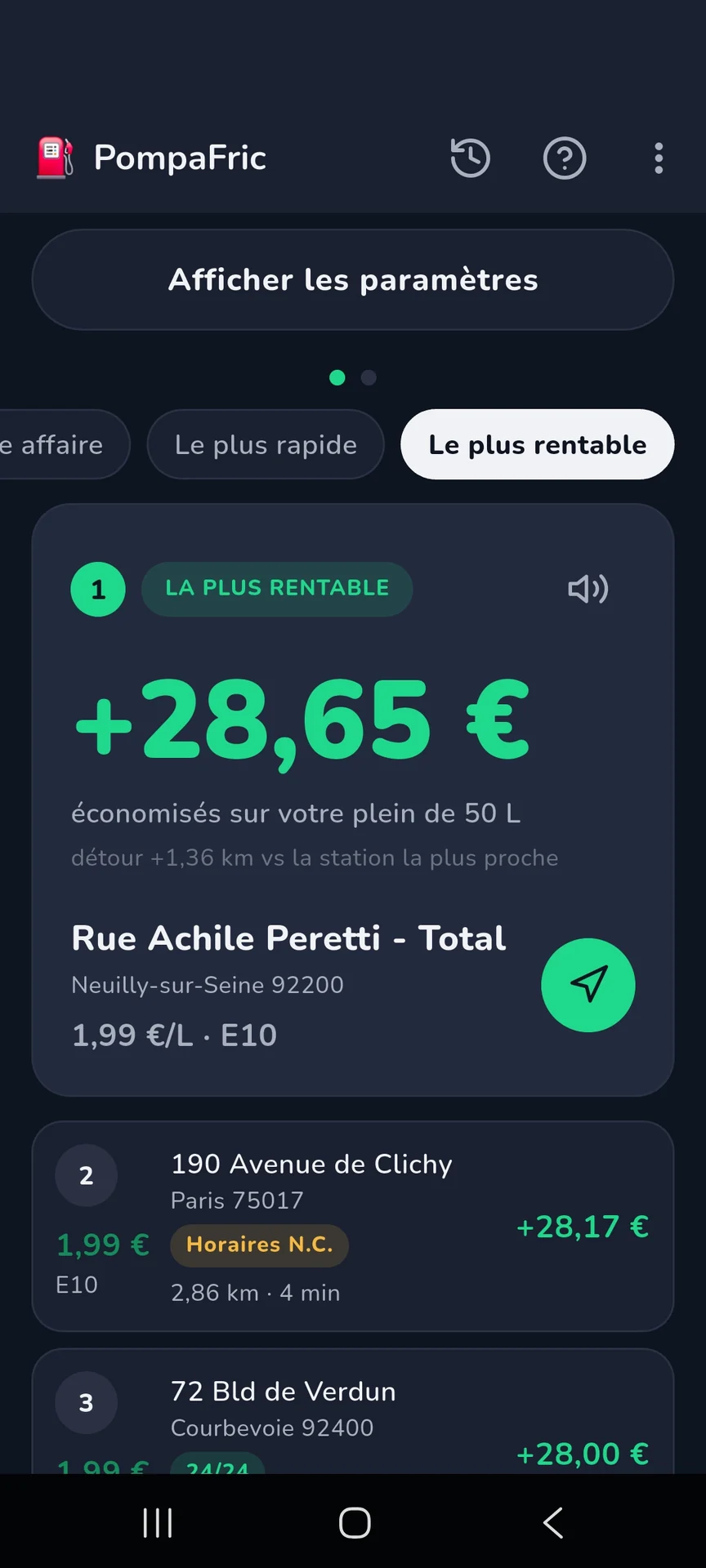 PompaFric : liste des stations triées par rentabilité, la première affiche +28,65 € économisés sur un plein de 50 L